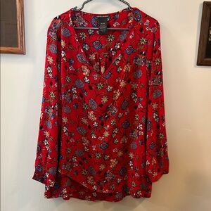 Red Floral Relaxed Blouse with Long Sleeves